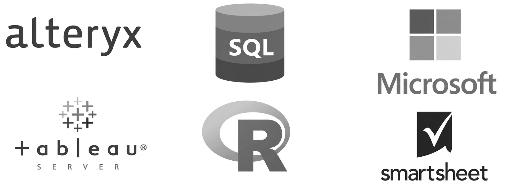 A grayscale collage of six technology logos arranged in a 3x2 grid on a white background. From top-left to bottom-right: the wordmark "alteryx" in lowercase, a cylindrical stack icon with the letters "SQL" in the center, a four-square Microsoft logo above the "Microsoft" wordmark, the symbol of interconnected colored dashes above the "tableau" wordmark with the word "SERVER" and a registration mark, a stylized "R" within a larger grey circle, and a shield icon with a checkmark inside it above the "smartsheet" wordmark.
Strategic Data Visualization Dashboard using Tableau and SQL
Automated data workflow reducing processing time by 30%